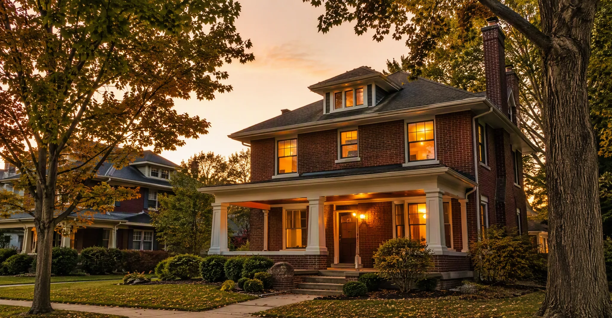 Brick two-story home in a Springfield Ohio neighborhood at golden hour, lights glowing